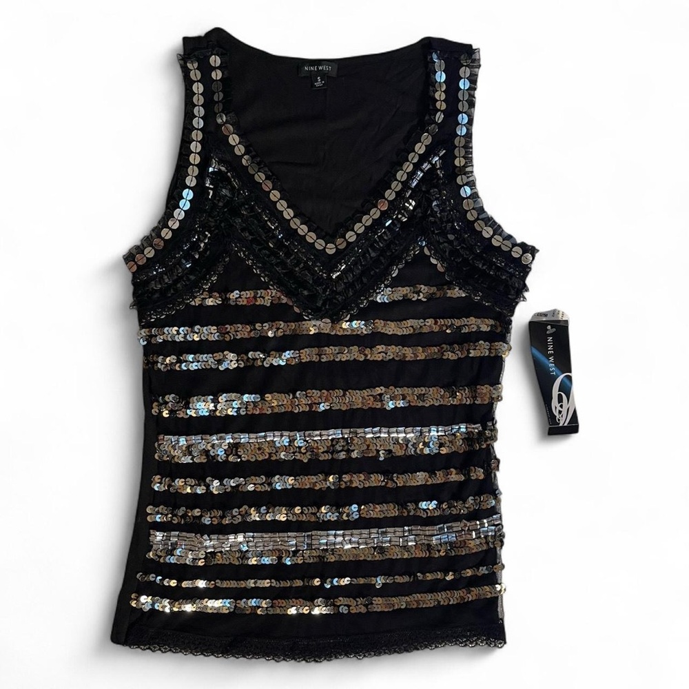 Nine West Black and Silver Striped Sequin Tank Top